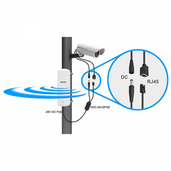 Alfa IP67 Convertidor de 24 V PoE a 12 V CC resistente a la intemperie