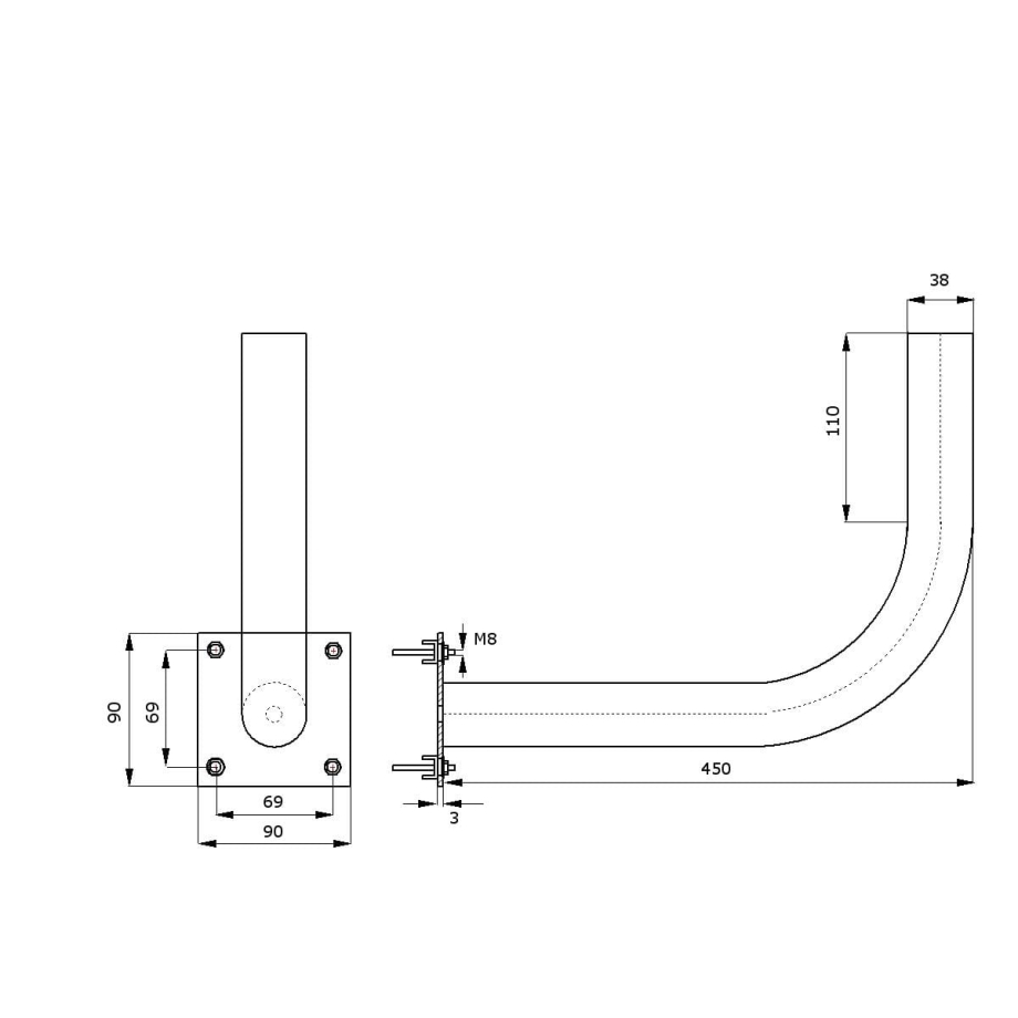 Soporte de Montaje en Tubo Metálico Ø38mm L450